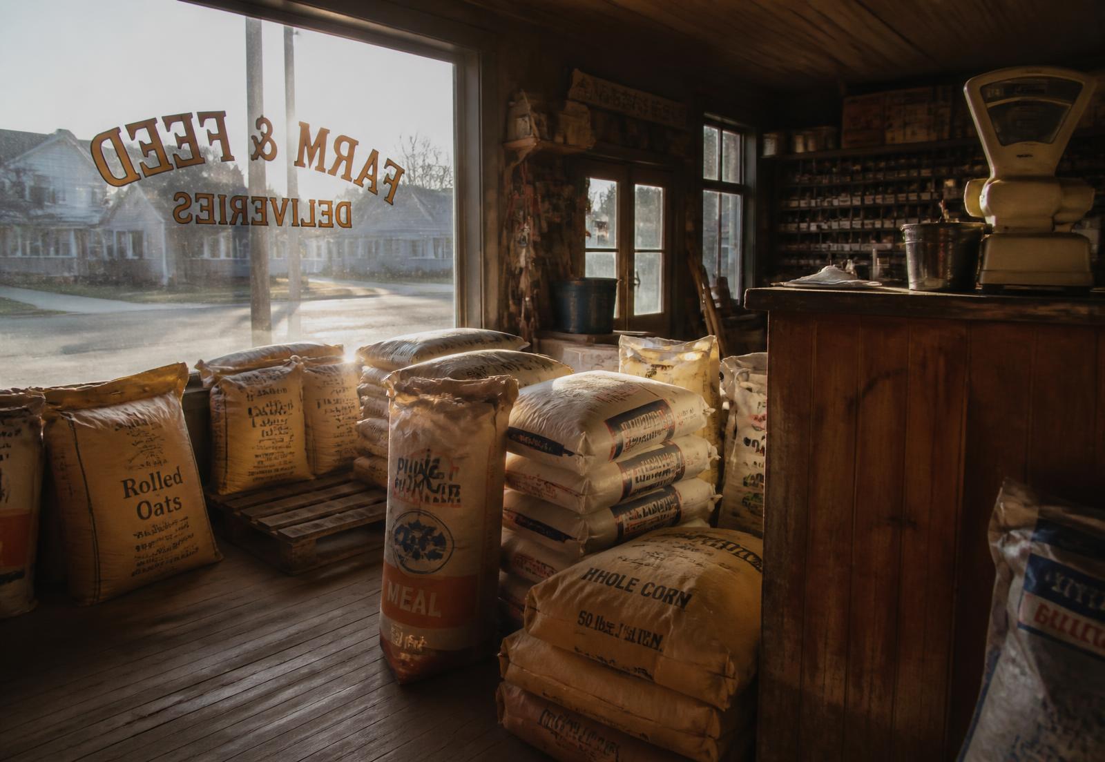 Feed bags stacked by the front window inside McBrayne's Feeds and Needs